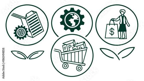 vector illustration of a set of icons, shopping, women, cart with shopping items, plant, gear icon with earth