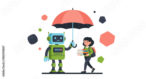 Robot and girl with umbrella walking together in the rain friendship concept.