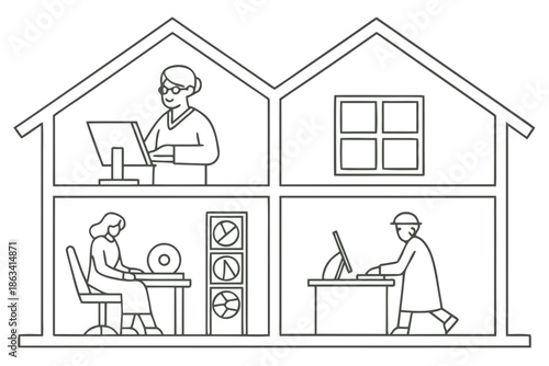 Diverse individuals work diligently in individual home office setups, showcasing remote work efficiency and modern business solutions, perfect for illustrating distributed teams.