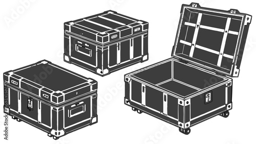 Heavy Duty Flight Cases, Transport Boxes with Wheels, Black Vector, A set of three black flight or transport cases rendered as vector illustrations. Two are closed, showing handles, latches, and wheel