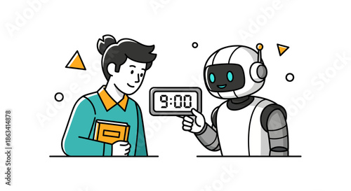 Robot and human interaction showing time on a digital display collaboration concept.