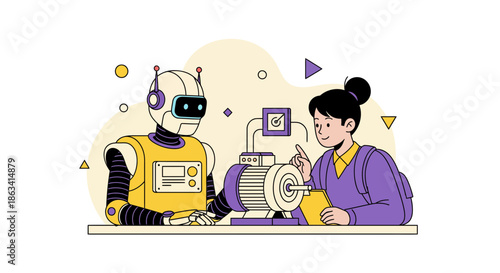 Robot and human working together on industrial equipment for maintenance.