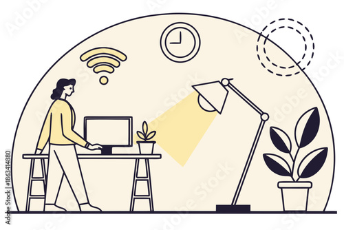 A modern remote work setup with a woman at her computer under a desk lamp and a WiFi symbol overhead, representing efficient home office productivity, perfect for illustrating freelance work or modern