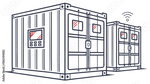 Smart Connected Shipping Containers, Cargo Units with Screens, Vector, A vector illustration of two smart shipping containers. They are metal cargo units with digital screens, control panels,