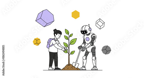 Robot and person planting a tree together for environmental conservation.