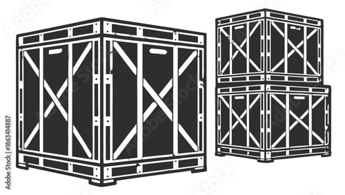 Large and Stacked Shipping Crates, Black Cargo Boxes, Vector Illustration, A vector illustration set of black shipping crates. A large, single crate is shown next to two smaller, stacked crates, 