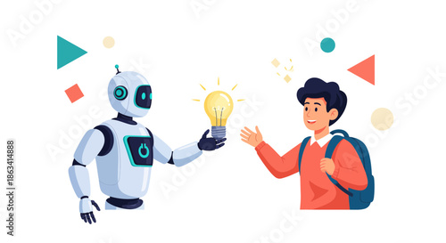 Robot and student exchange ideas with light bulb innovation concept.