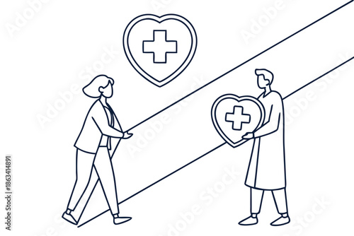 A person and a medical professional exchange glowing heart symbols with a medical cross, symbolizing compassionate care and health support, perfect for medical and charity themes.