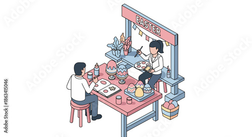 Two individuals engaged in artistic creation at a craft table painting and crafting.