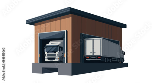Warehouse loading dock with trucks a scene of logistics and transport.