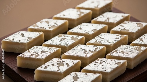 A close-up view of delicious cashew katli sweets arranged neatly
