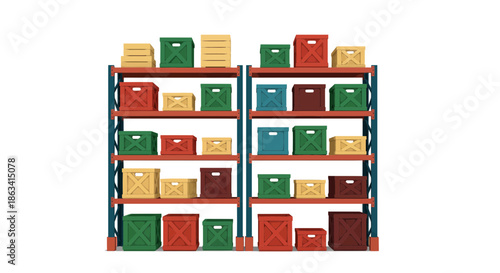 Warehouse shelves filled with various boxes showcasing storage and organization.