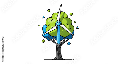 Wind turbine integrated into a tree representing sustainable energy and ecofriendliness.