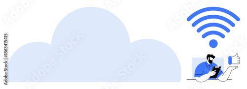 Cloud services, wireless connectivity, remote access, technology support, digital communication, data storage. Large cloud with wireless icon and user interacting with a device. Cloud services