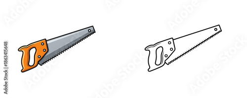 Hand saw with orange handle in cartoon style representing woodworking equipment for carpentry and timber cutting projects isolated on white background