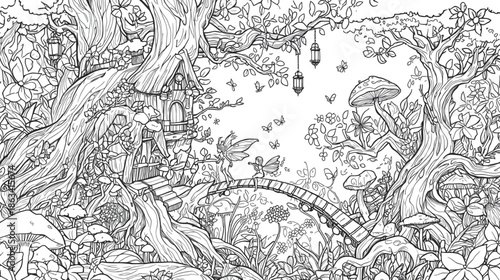 Intricate Grayscale Illustration of a Magical Forest with Fairies, Lanterns, and a Treehouse