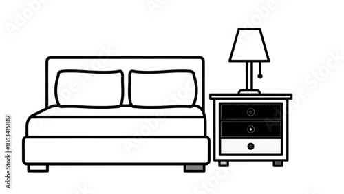 Vector illustration of a bed, nightstand, and lamp in a bedroom, on transparent background