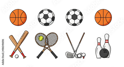 Sports Equipment Icons Set Basketball Football Tennis.