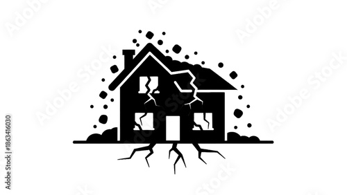 Vector illustration of a collapsing house, symbolizing structural damage and disaster, on transparent background
