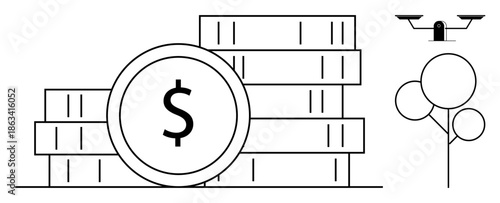 Finance, saving money, investment, technology, future economy, innovation. Stacks of coins with a dollar sign, a quadcopter and abstract trees. Finance and saving money concepts