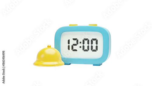 Blue alarm clock with yellow bell displaying 12:00