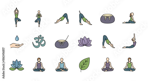 Yoga Poses and Meditation Symbols Illustration Set.
