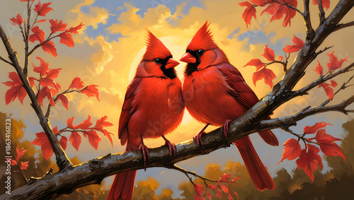Two Northern Cardinal birds sit together on branch during sunset with autumn leaves, watercolor painting style