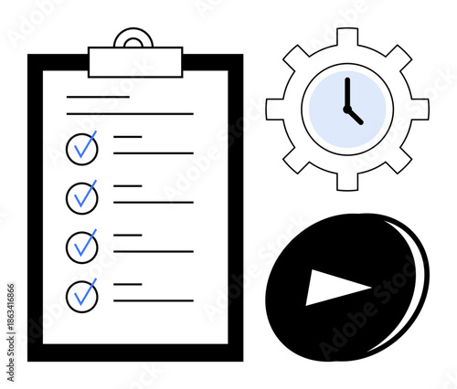 Productivity, time management, workflow optimization, business planning, efficiency, task prioritization. A checklist clipboard, clock gear and play button symbols. Productivity and time management
