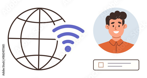 Online communication, user access, global connection, identity verification, network login, remote connectivity. Globe with wireless signal, user profile circle and login field. Online communication