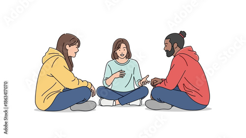 Three people in casual clothing sitting in a circle and talking with animated hand gestures expressing active communication and engagement