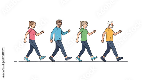 Illustration of a diverse group of people walking together in a line, symbolizing fitness and community