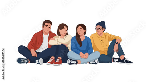 Group of young friends sitting together on a white background, casual and happy