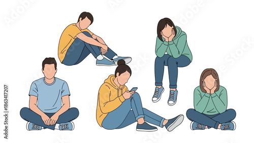 Diverse individuals depicted in casual poses, conveying a sense of contemplation and modern life