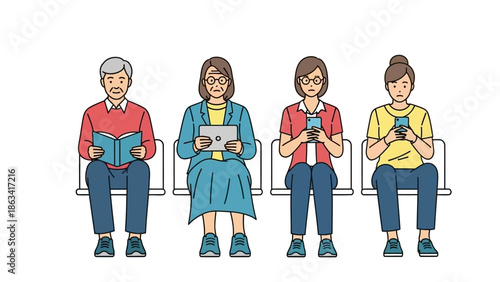 A diverse group of people of different ages and genders sitting in chairs, each engaged with their own device or reading material, illustrating modern leisure and waiting room activities