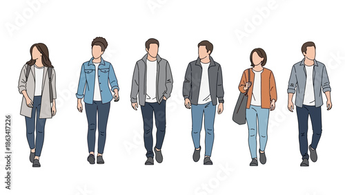 Diverse group of individuals walking in casual attire, representing a modern and inclusive society