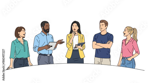 Diverse group of professionals in discussion at a meeting table, fostering collaboration and idea exchange