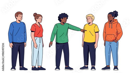 Diverse group of people standing together, with one person pointing and appearing to lead or instruct the others