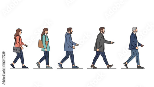 Diverse Group of People Walking in Profile Side View, Illustrating Movement and Community