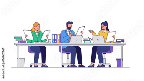 Three coworkers efficiently working at their desks in a modern office setting