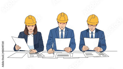 Three Architects or Engineers wearing hard hats and reviewing blueprints at a table