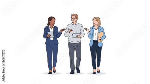 Business professionals discussing work while walking together