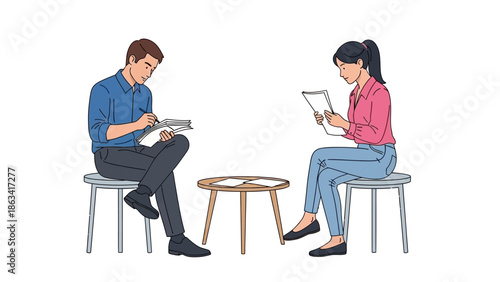 Two people sitting on chairs, reviewing documents at a small table, one writing notes