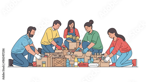 Volunteers sorting donations into boxes for community support