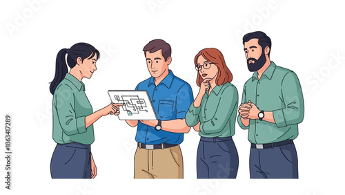 Team of professionals collaborating on a project, reviewing a blueprint or diagram