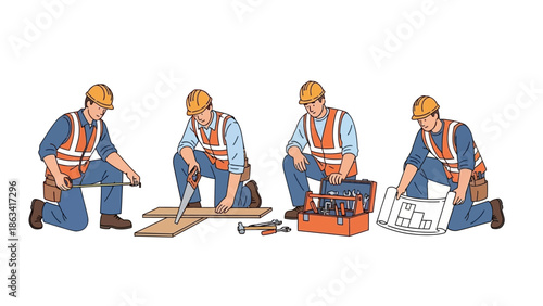 Construction Workers Performing Various Tasks on a Building Site, From Measuring to Blueprint Review