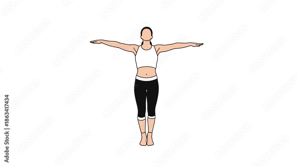 Obraz premium Minimalist illustration of a woman demonstrating a standing yoga pose with arms outstretched in a 'T' shape, promoting balance, fitness, and overall well-being