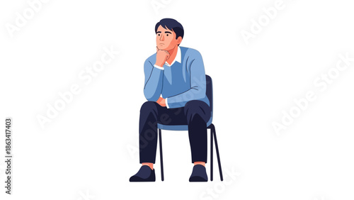 Thoughtful Young Man Pondering a Complex Problem while Sitting on a Chair, Engaged in Deep Contemplation and Strategic Decision Making for Future Endeavors, Flat Vector Illustration