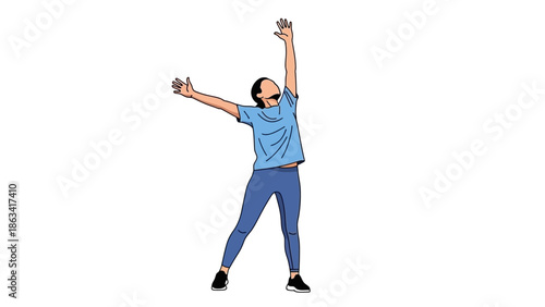 Vibrant illustration of a woman reaching high with both arms, symbolizing active motion, dynamic stretching, and joyful exercise. Ideal for fitness, wellness, and healthy lifestyle content