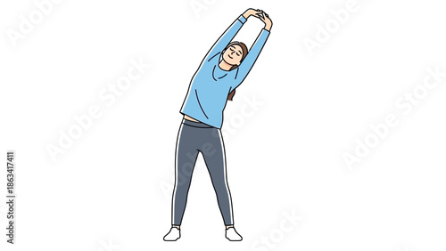 Active woman performing a full-body side bend stretch, illustrating a fitness exercise for core strength, flexibility, and overall physical wellness