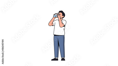 A minimalist vector illustration of a man enjoying a refreshing drink from a plastic water bottle, symbolizing healthy hydration and daily well-being